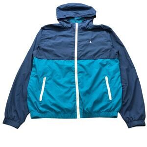 Volcom Mesh Lined Windbreaker Jacket Hoodie Mens Large Full Zip Teal Blue White
